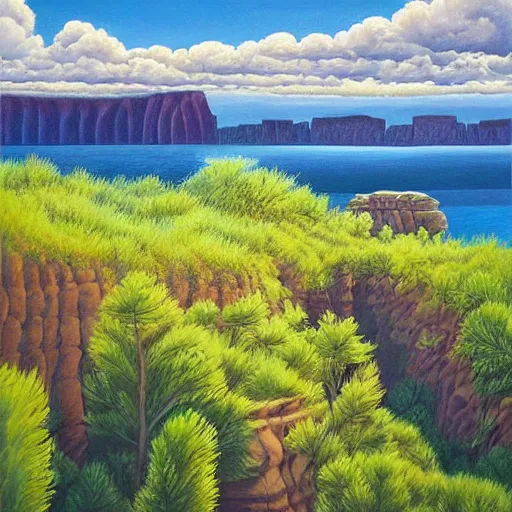 Image similar to painting of a lush natural scene on an alien planet by april gornik. beautiful landscape. weird vegetation. cliffs and water.