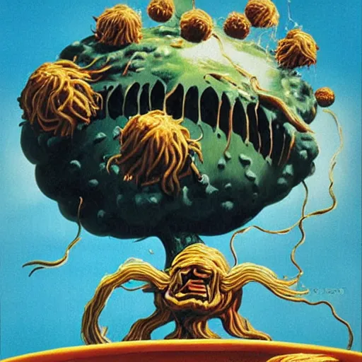 Prompt: attack of the flying spaghetti and meatballs monster, movie art poster, by gerard brom and ansel adams