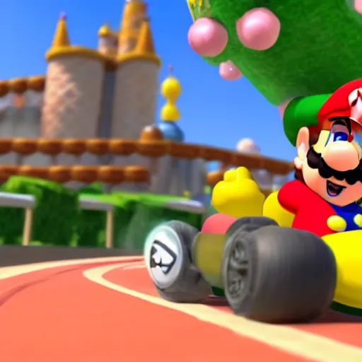 Prompt: a picture of super mario as cat peach, in mario kart