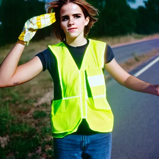 Image similar to photo, close up, emma watson in a hi vis vest picking up trash on the side of the interstate, portrait, kodak gold 2 0 0,