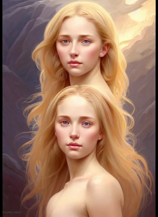Image similar to face of feminine perfection!! portrait of young wife blessed by god with ever - increasing physical mental perfection, blonde, symmetrical! intricate, sensual features, highly detailed, biblical!! holy perfection!! digital painting, artstation, concept art, smooth, sharp focus, illustration, art by artgerm and greg rutkowski and alphonse mucha