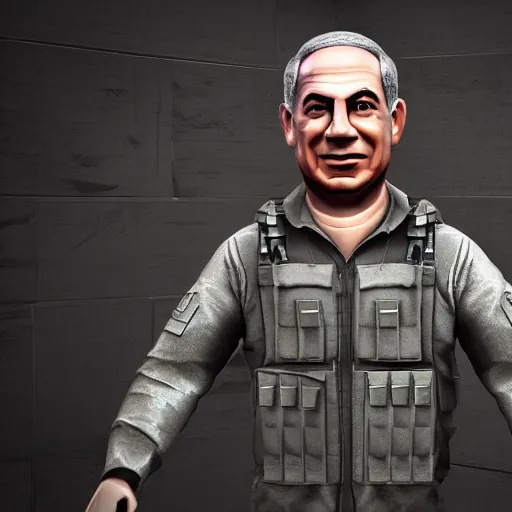 Prompt: a 3 d render of benjamin netanyahu as a counter strike character, created in blender, t - posing, edited, lighting, hq