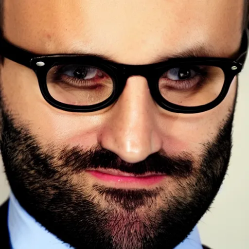 Image similar to Michael Stevens from Vsauce as the American Psycho, sweating profusely