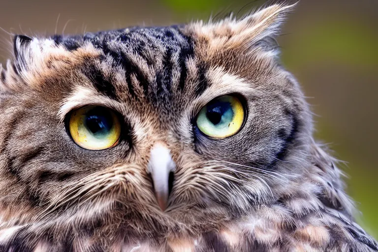 Image similar to a cat owl!!! hybrid! hyper realistic!! realistic lighting!! wildlife photographer of the year!!! bold natural colors, national geographic, hd, wide angle, 8 k