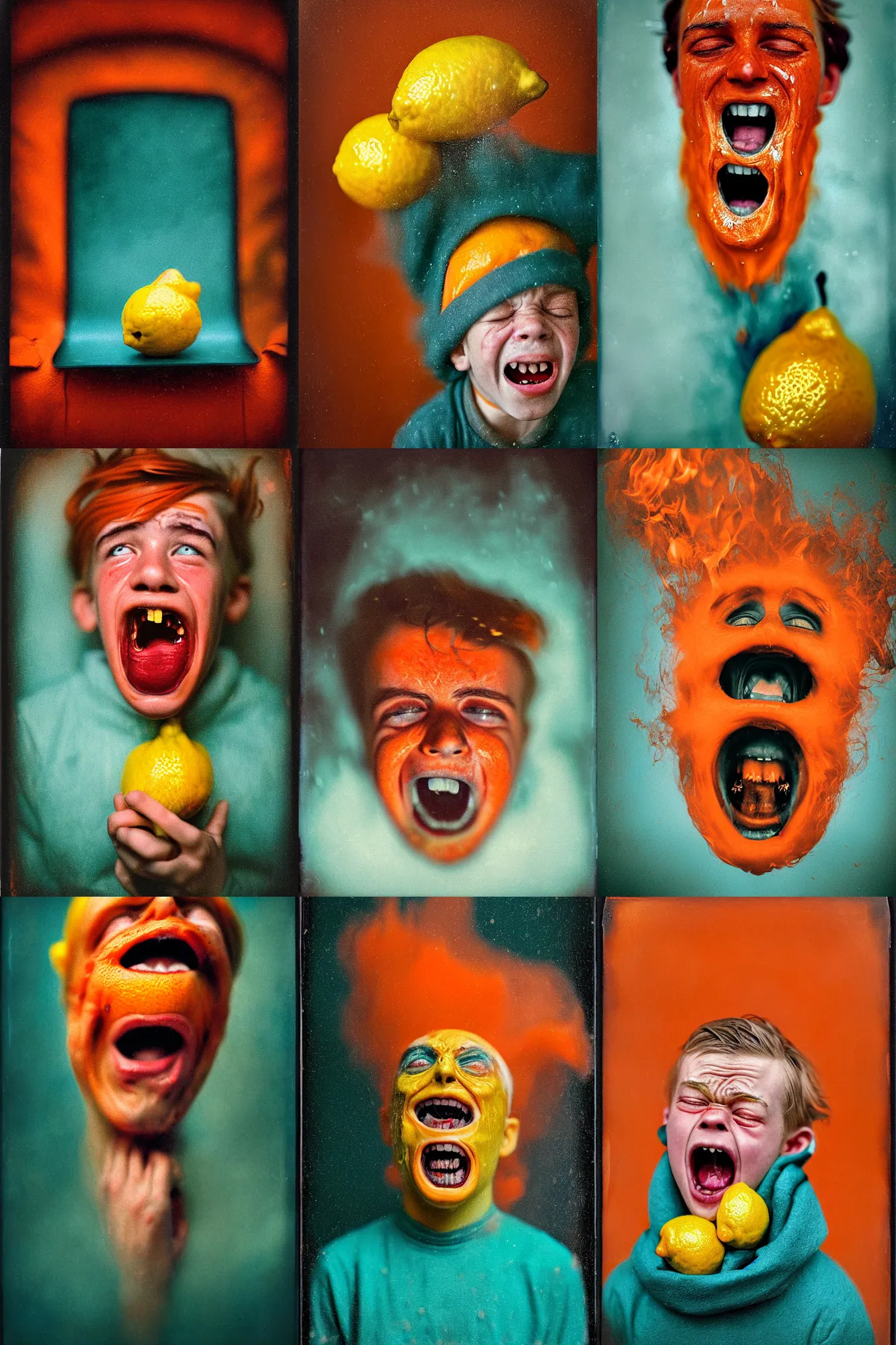 Prompt: kodak portra 4 0 0, wetplate, 8 k, motion blur shot of a highly detailed, britt marling style, colour still - life portrait of a lemon looks like a handsome screaming angry 1 0 year old crying boy in a dangerous snow hell fire storm, 1 9 2 0 s cloth, 1 9 2 0 s hair, teal and orange, muted colours