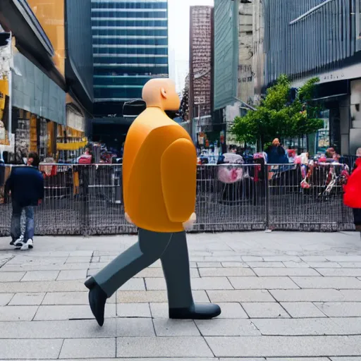 Image similar to A giant balding, white, ginger man walking through the city