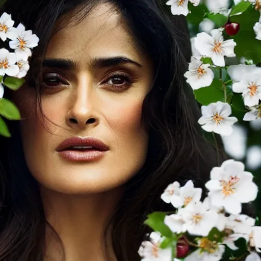 Prompt: salma hayek portrait picture by stefan kostic, perfect symmetry, realistic, body shot, sharp focus, 8 k high definition, insanely detailed, intricate, elegant, cherry blossoms