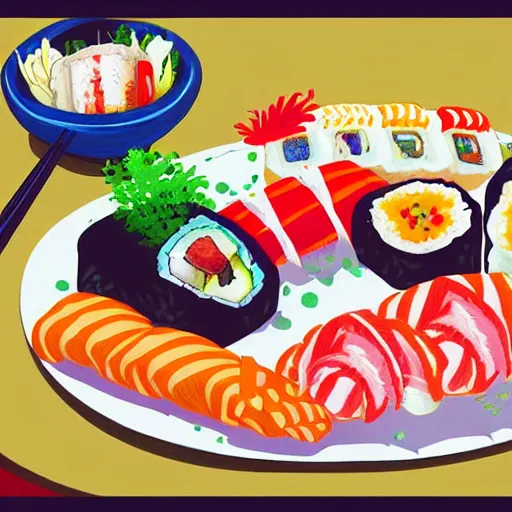 Image similar to illustration of tasty colorful sushi, in traditional japan style, by makoto shinkai and takashi takeuchi