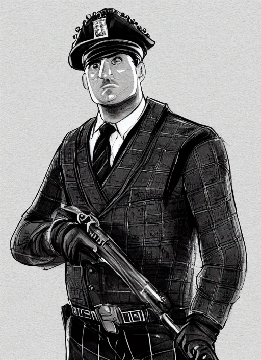 Prompt: a highly detailed illustration of 3 3 year - old clean - shaven chubby white man from uk wearing black police sweater with necktie and police helmet, heroic pose, black and white checker background, intricate, elegant, highly detailed, centered, digital painting, artstation, concept art, smooth, sharp focus, league of legends concept art, wlop.