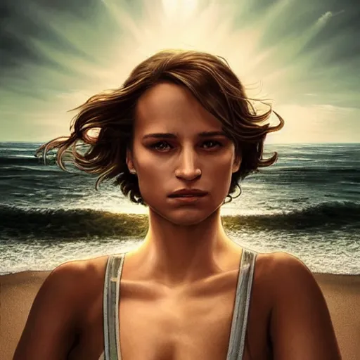 Image similar to alicia vikander. faces away. watches sunset on the beach. perfect anatomy. meticulous detail. black and white, smooth, sharp focus, chiaroscuro, manga illustration, artgerm, greg rutkowski, alphonse mucha, young adult light novel cover art