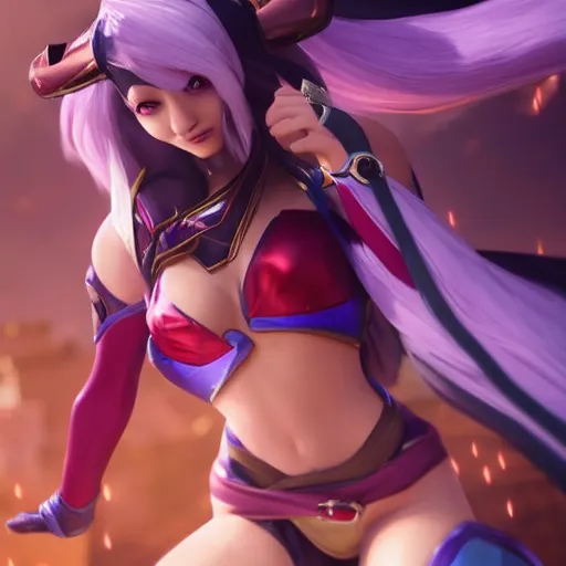 Image similar to still of pretty Irelia (League of Legends) in KDA More music video. 3d render, octane render, game art, realistic, highly detailed, trending on artstation, 4k, trending on artstation, pixar, cgsociety, unreal engine 5, redshift render, trending on artstation, blender, behance, cg