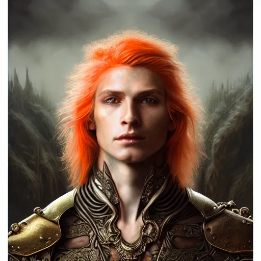 Image similar to portrait painting of a young elven man with a soft face and short light orange hair and tribal tattoos on his face wearing fur armor, ultra realistic, concept art, intricate details, eerie, highly detailed, photorealistic, octane render, 8 k, unreal engine. art by artgerm and greg rutkowski and charlie bowater and magali villeneuve and alphonse mucha