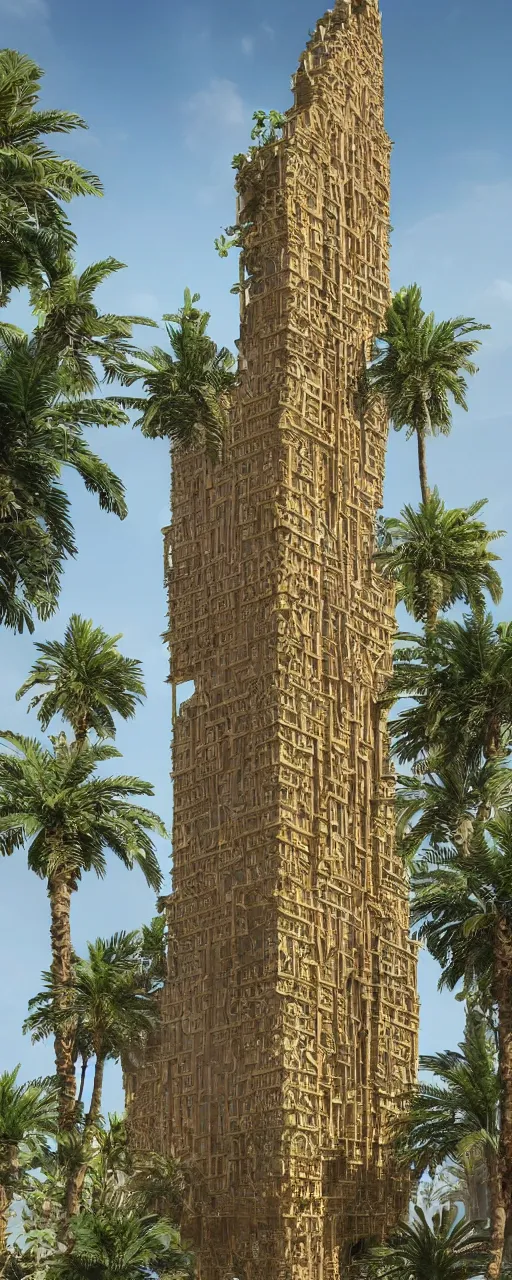 Image similar to photorealistic photo a contemporary babylon tower, golden intricate details, stone facade, sacred ancient architecture, lush hanging gardens, cascading highrise, arid mountains with lush palm forest, sunlight, post - production, octane, cgi, sfx