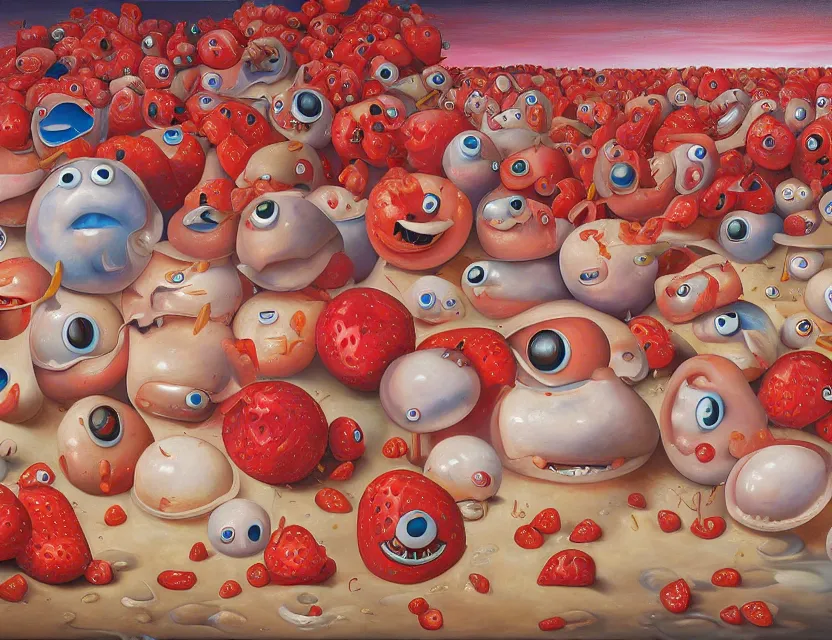 Image similar to a funny detailed high resolution oil painting with dirty old brush of a lazy red burning and melting tomato with to many googly eyes on a beach to hot for the sun, big piles of strawberry icecream in cones falling from the sky on a sunset by james jean and fernando botero