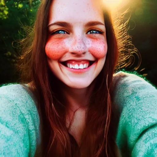 Image similar to beautiful hyperrealism selfie of a cute young woman smiling softly, long light bronze brown hair, cute freckles, flushed face, red blush, small heart - shaped face, soft features, emerald green eyes, golden hour, 8 k, sharp focus, instagram