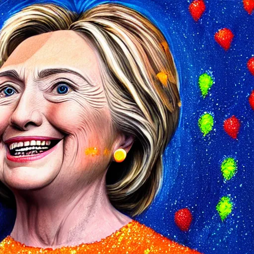 Prompt: portrait of president hillary clinton as a smiling laughing bright orange lizard person with bumpy skin, airbrush painting, hyper detailed, 8 k, photorealism, rule of thirds, glitter.