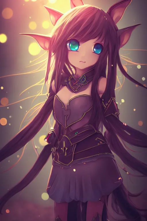 Image similar to adorable young cute anime elf girl, long black hair, fantasy armor. symmetrical face. symmetrical detailed defined eyes. beautiful lineart. bokeh pixiv # 1 ranking depth focus, chromatic aberration, noise, soft lighting, srgb, 4 k, cinematic