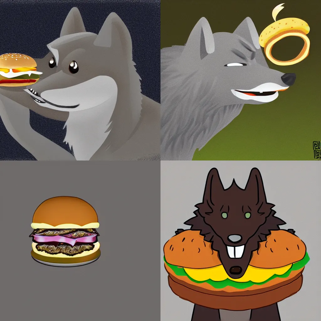 Prompt: anthromorphic furry wolf eating a cheeseburger, digital painting