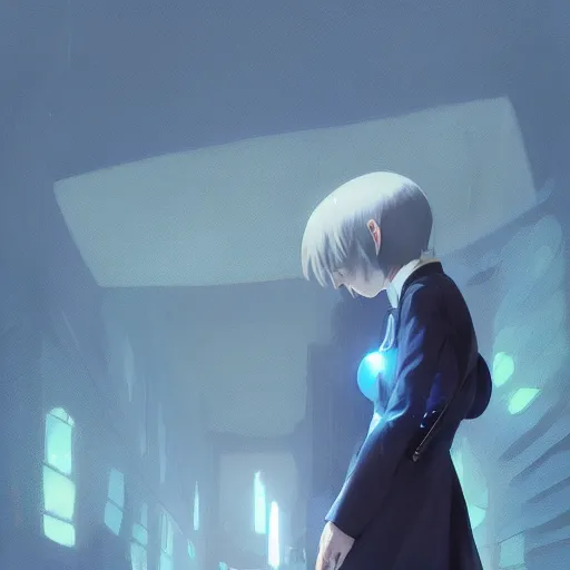 Image similar to low - angle shot from behind of a girl with light blue straight hair in a blue tailcoat, combat boots, noir, sharp focus, intricate, illustration, cell shaded, digital painting, highly detailed, art by greg rutkowski, studio quality, makoto shinkai, james jean