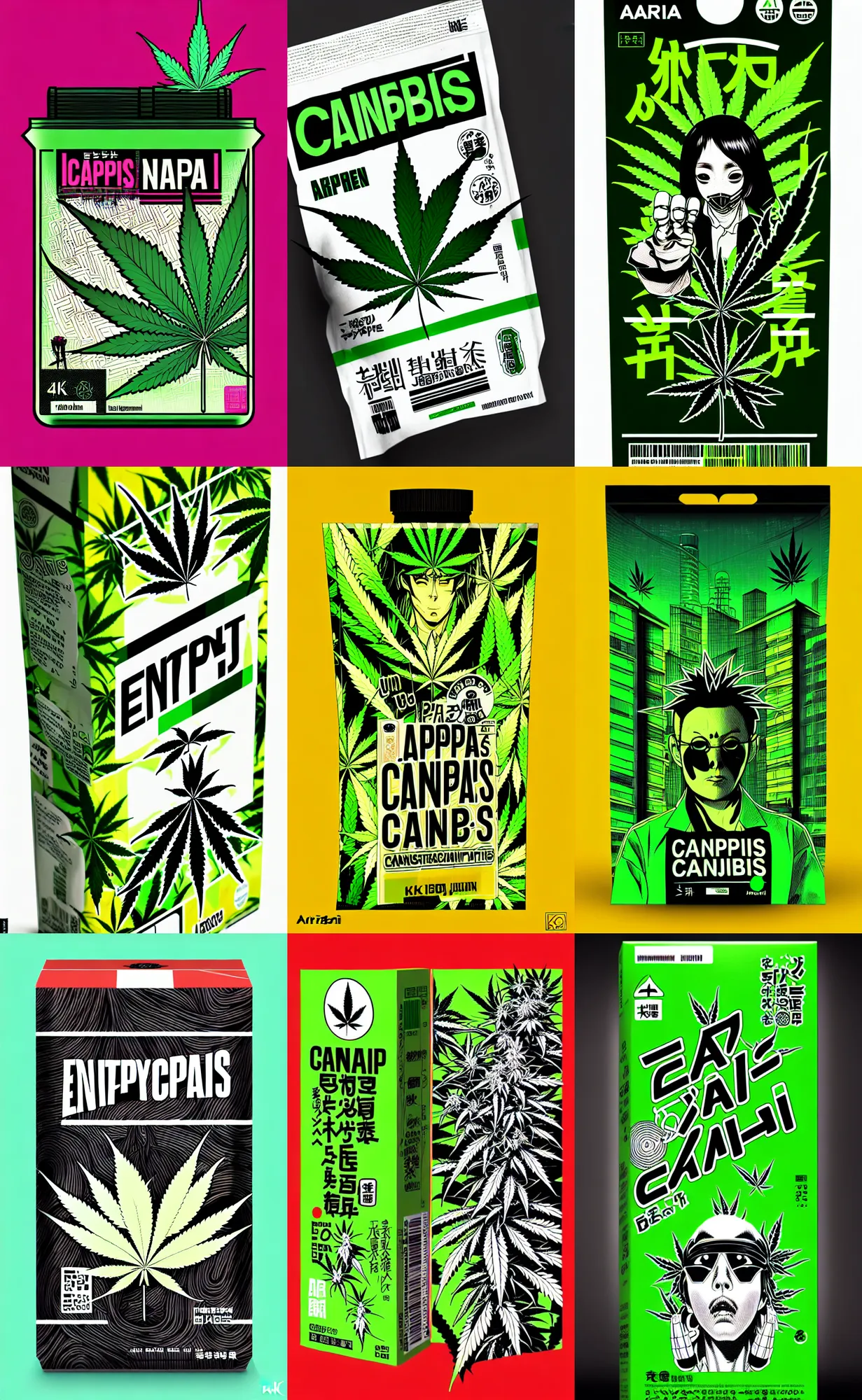 Prompt: empty cannabis package design plain background, japanese cyberpunk cannabis illustration concept art trending on arstation 4 k, graphic design, by kim jung ji, katsuhiro otomo and junji ito