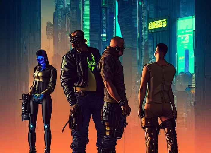 Prompt: cyberpunk tough guys. portrait by stonehouse and mœbius and will eisner and gil elvgren and pixar. character design. realistic proportions. cyberpunk 2 0 7 7 character art, blade runner 2 0 4 9 concept art. cel shading. attractive face. thick lines. the team. diverse characters. artstationhq.