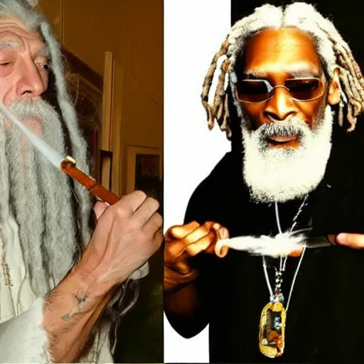 Prompt: Gandalf smoking marijuana with Snoop Dog