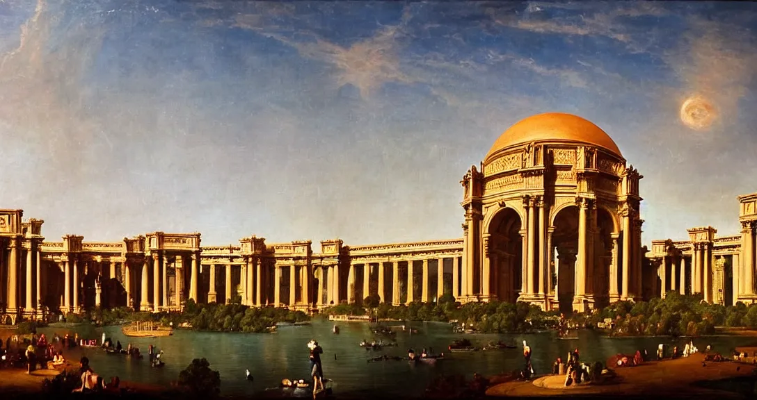 Image similar to the san francisco palace of fine arts during the intergalactic futuristic fair, romantic era painting, majestic