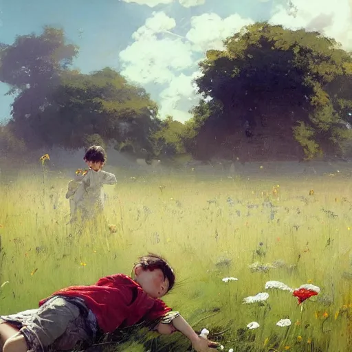 Image similar to a boy laying in a field with flowers growing from his chest. By Ruan Jia. Makoto shinkai. Norman Rockwell.