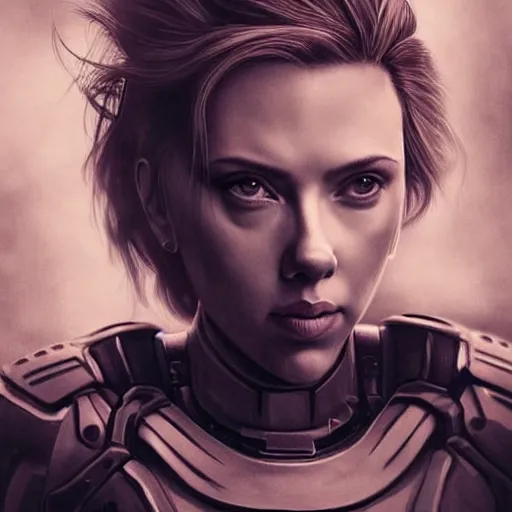 Image similar to “Scarlett Johansson portrait, dystopia core, hyperrealistic, apocalyptic, highly detailed exoskeleton armor, dramatic, sharp focus, hero, gape, epic”