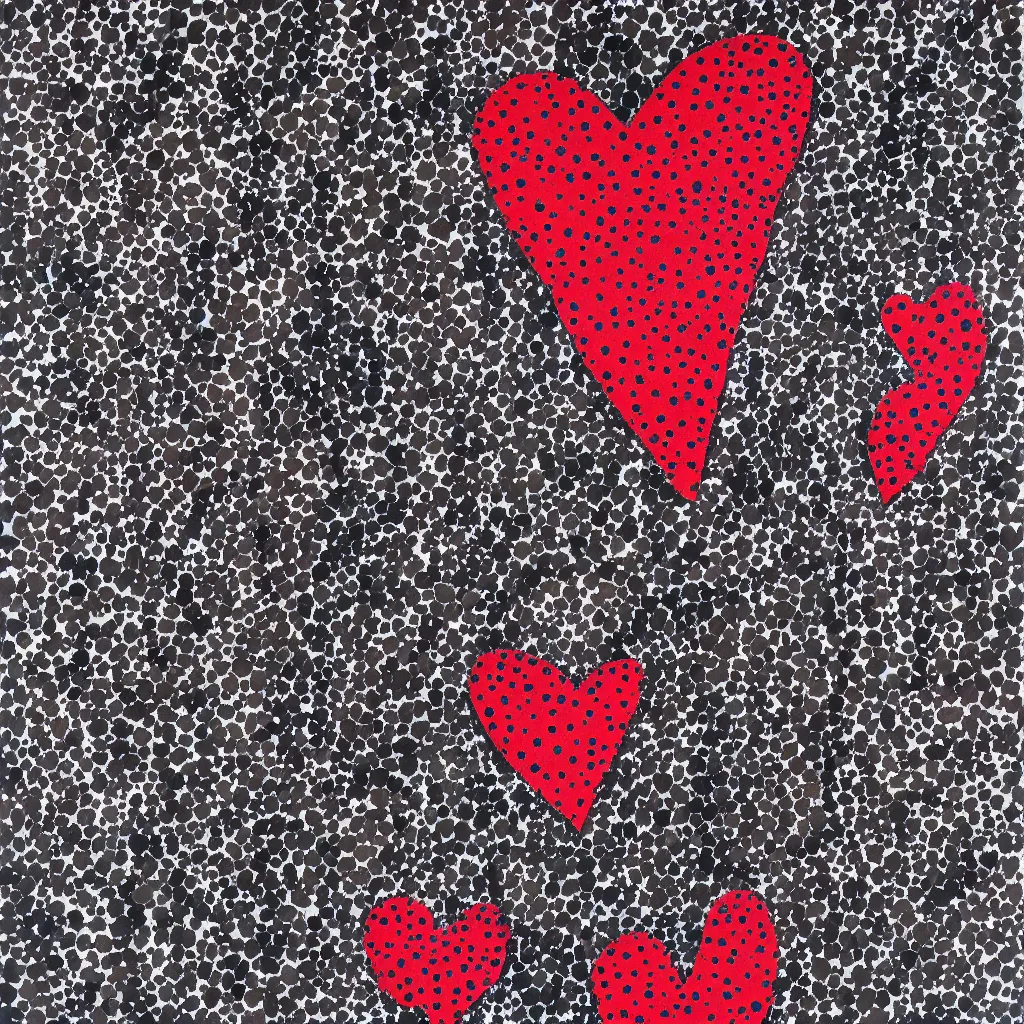 Image similar to camo made of hearts, smiling, abstract, rei kawakubo artwork, cryptic, dots, stipple, lines, splotch, color tearing, pitch bending, color splotches, dark, ominous, eerie, minimal, points, technical, old painting