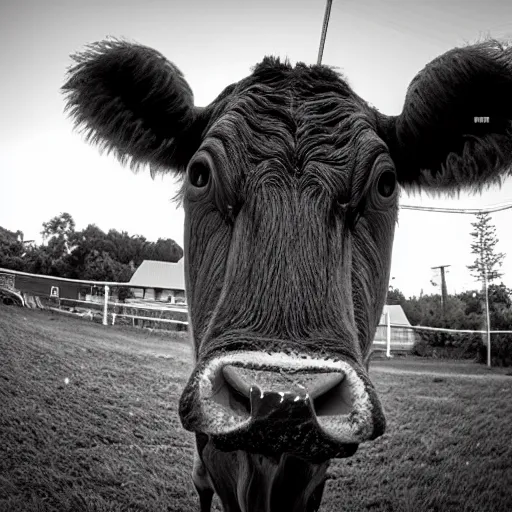 Image similar to ultra - realistic close - up of creepy cow at night, fish - eye - lense, disturbing horror photo, doorbell camera footage