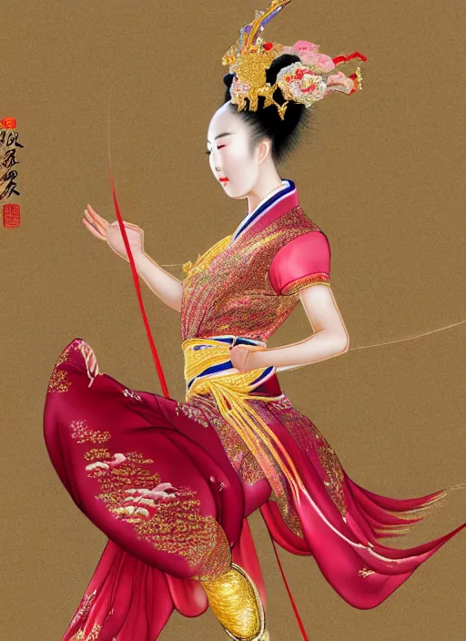 Prompt: full portrait of a chinese dancer doing silk ribbon dance, barefoot, agile, elegant, extremely beautiful, elaborate gold jewelry, hanfu, traditional chinese clothing, ming dynasty, detailed, realistic face, anatomically accurate, fantasy art.