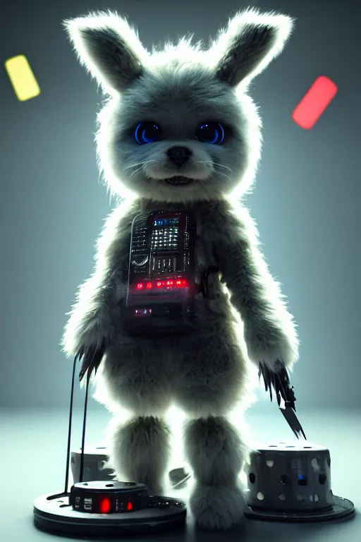 Image similar to high quality 3 d render very cute fluffy cyborg!! dog! plays drums, cyberpunk highly detailed, unreal engine cinematic smooth, in the style of blade runner & detective pikachu, hannah yata charlie immer, moody light, low angle, uhd 8 k, sharp focus