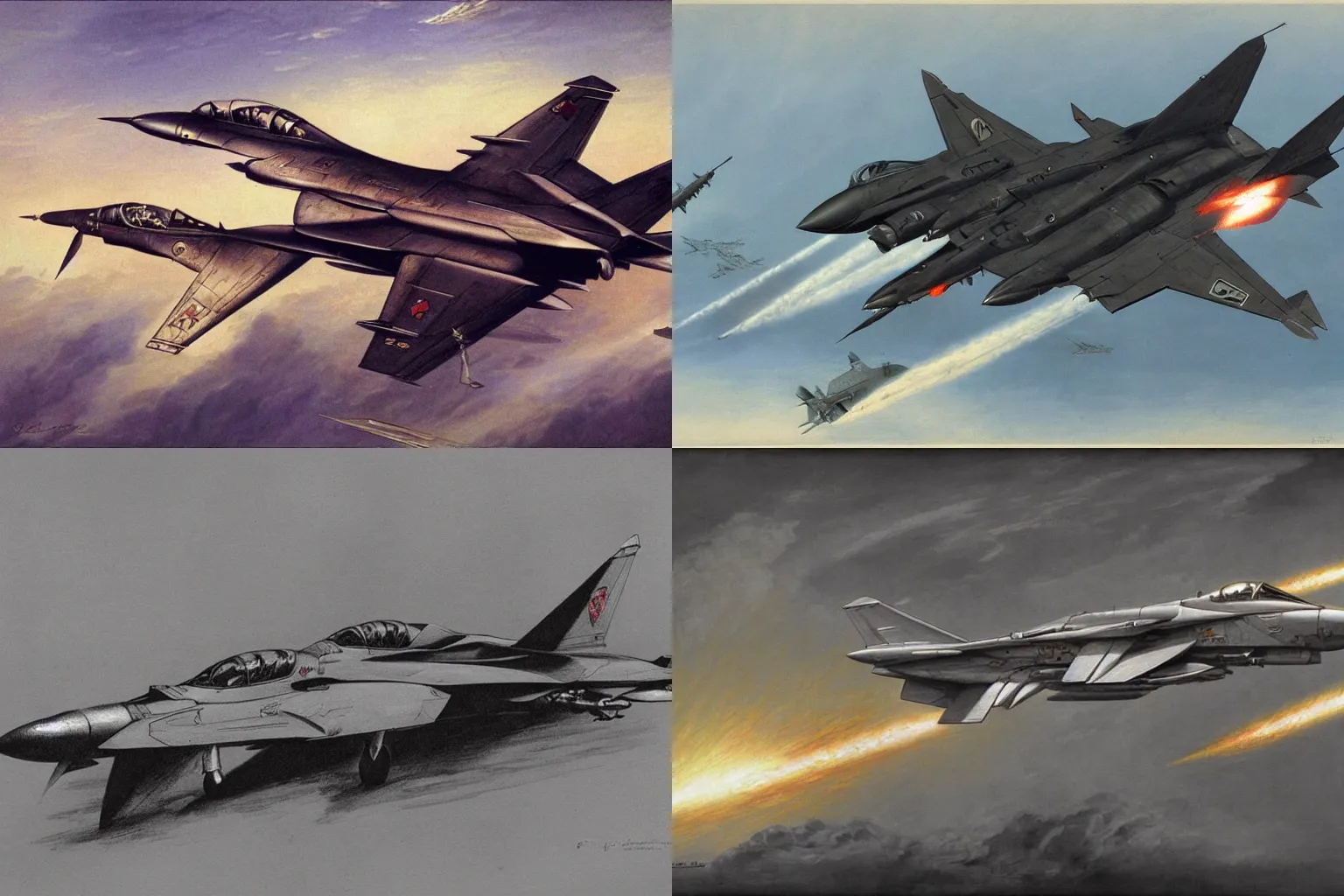Prompt: iconic fighter jet concept designed by gustave dore, tomcat raptor hornet falcon, style of frank frazetta
