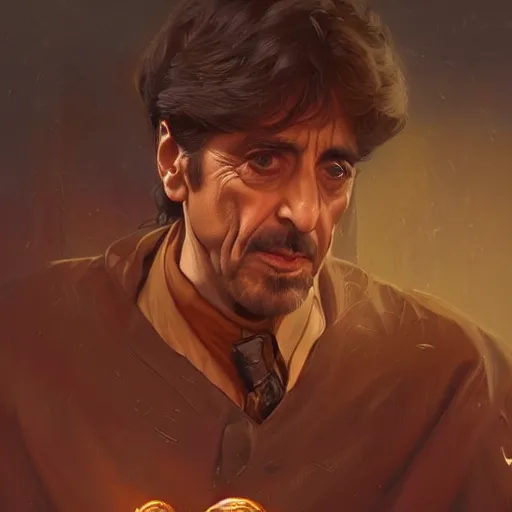 Image similar to Al Pacino , D&D, fantasy, intricate, elegant, highly detailed, digital painting, artstation, concept art, matte, illustration, hearthstone, art by Artgerm and Greg Rutkowski and Alphonse Mucha, Simon Stalenhag, hyperreal