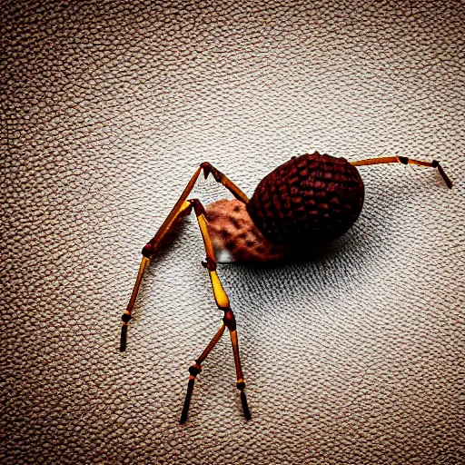 Image similar to detailed, textured, color photograph of a levitating chocolate ice cream cone with huge, hairy spider legs. dramatic light.