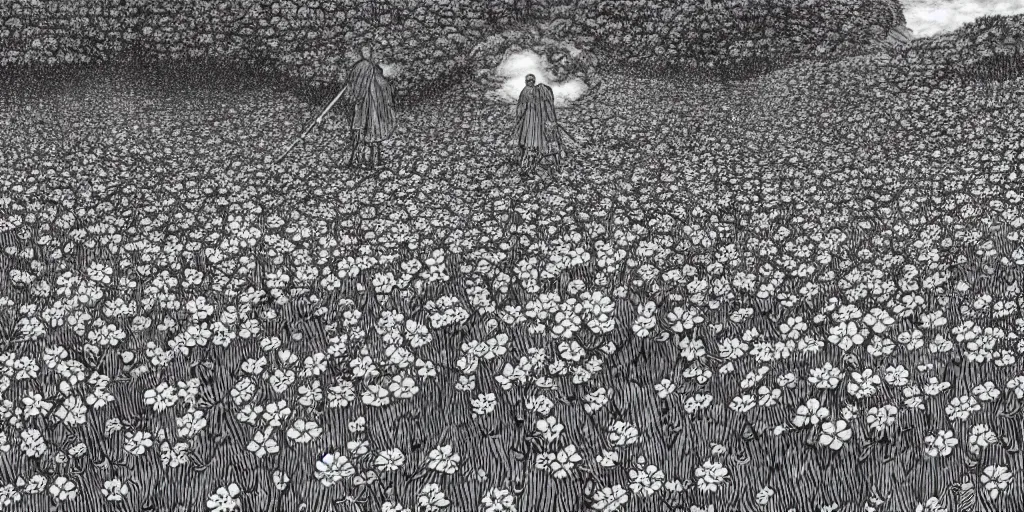 Image similar to Guts in a serene flower field by Kentaro Miura, highly detailed, black and white