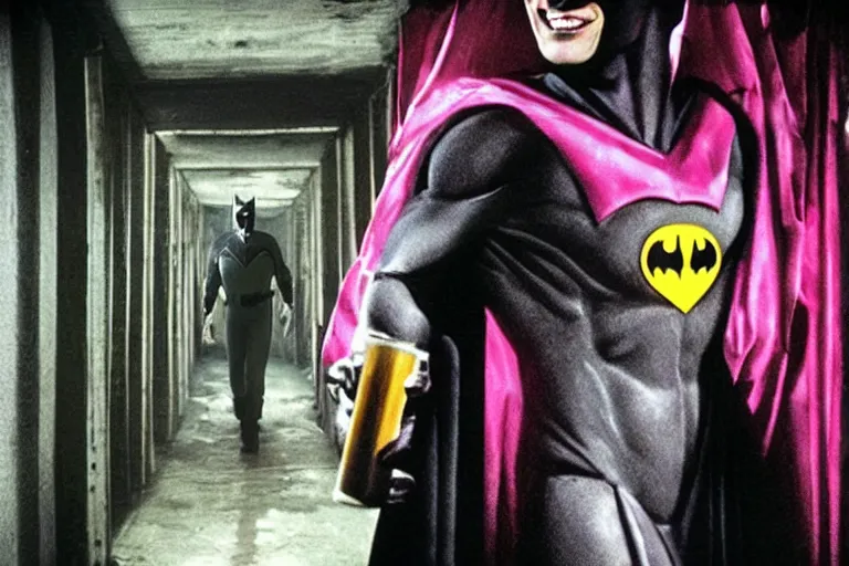 Prompt: michael keaton batman covered in beer wearing pink apron wielding an axe, chasing through old brown decrepit hallway, creepy smile, atmospheric eerie lighting, photorealistic face, dim lighting, bodycam footage, motion blur, photograph