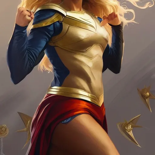 Image similar to Maisie Richardson-Sellers with blonde hair as Super Girl, western, D&D, fantasy, intricate, elegant, highly detailed, digital painting, artstation, concept art, matte, sharp focus, illustration, art by Artgerm and Greg Rutkowski and Alphonse Mucha