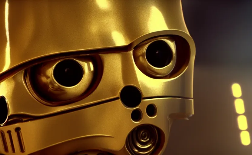 Prompt: c - 3 po as a hamster, movie still, star wars, cinematic, sharp focus, cinematic grain, cinematic lighting, 8 k