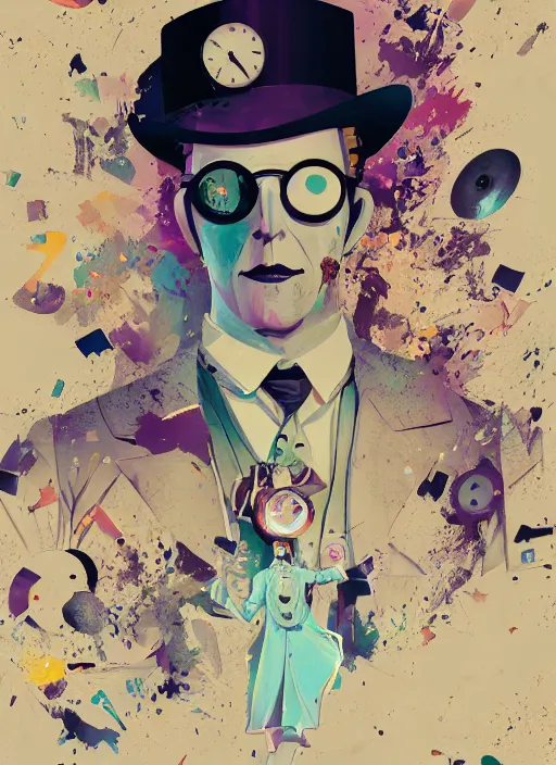 Image similar to arrogant elegant man travels through time via steampunk portals, pixiv fanbox, dramatic lighting, maximalist pastel color palette, splatter paint, pixar and disney exploded - view drawing, graphic novel by fiona staples and dustin nguyen, peter elson, alan bean, wangechi mutu, clean cel shaded vector art, trending on artstation