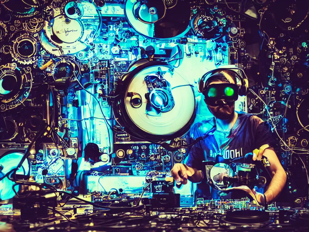 Image similar to a person wearing goggles and visor and headphones using a steampunk record player contraption, wires and tubes, turntablism dj scratching, intricate planetary gears, cinematic, imax, sharp focus, leds, bokeh, iridescent, black light, fog machine, hazy, lasers, hyper color digital art, cyberpunk