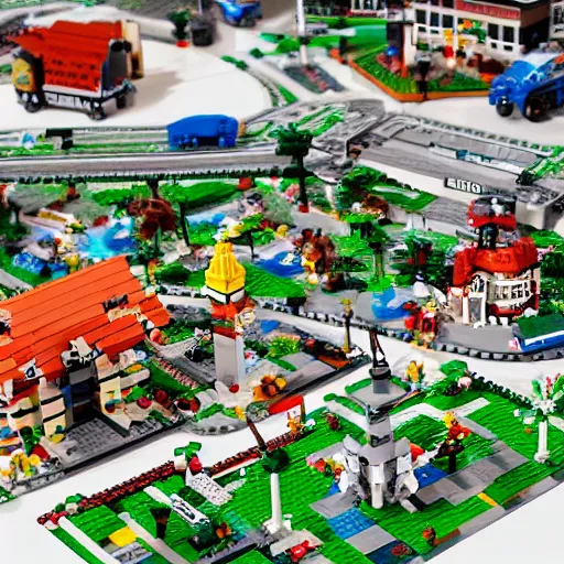 Image similar to a photograph of a lego village, hyperrealism, photo realistic