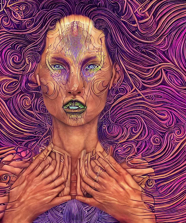 Image similar to A epic illustration of beautiful woman energetic symmetrical portrait by Michael Sydney Moore, Alex Grey, hyper detailed, 50mm, award winning photography