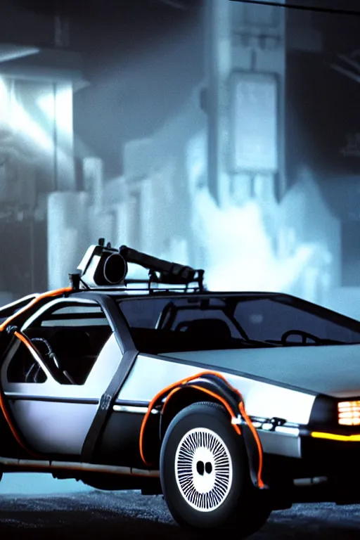 Image similar to photograph of the delorean from back to the future in half life 2, dark room, cinematic, volumetric lighting, hyperdetailed photograph