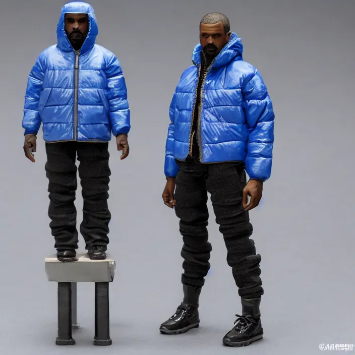 Prompt: a action figure of kanye west using full face - covering mask with small holes. a small, tight, undersized reflective bright blue round puffer jacket made of nylon. a shirt underneath. jeans pants. a pair of big rubber boots, figurine, detailed product photo, 4 k, realistic, acton figure, studio lighting, professional photo