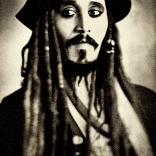 Image similar to black and white award winning photograph captain jack sparrow with wide grin portrait dramatic lighting by Walker Evans