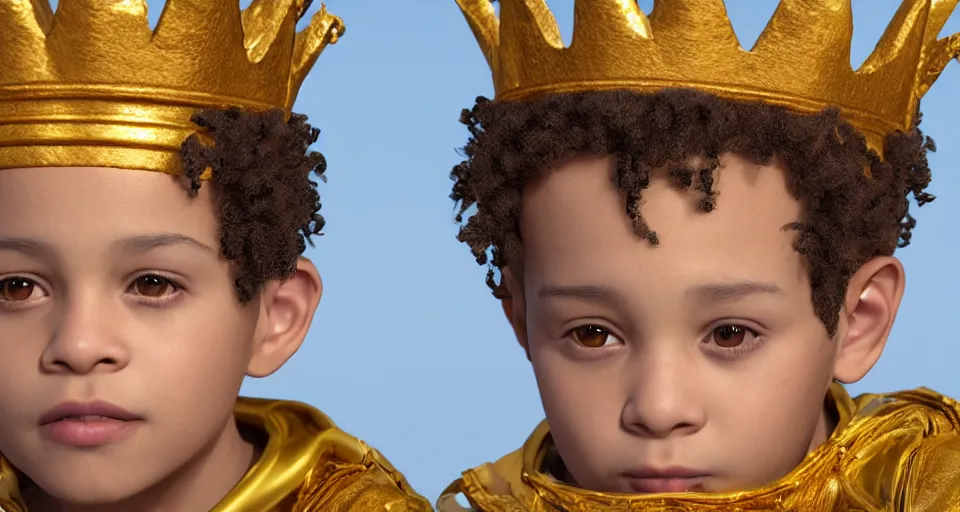 Prompt: One light skinned, 4 years-old boy, with curly short hair as a king, wearing a golden crown, stunning photo, cinematic lighting, perfect composition, 8K, ultra-detailed , Trending on artstation, Octane render, Unreal Engine, highly detailed,