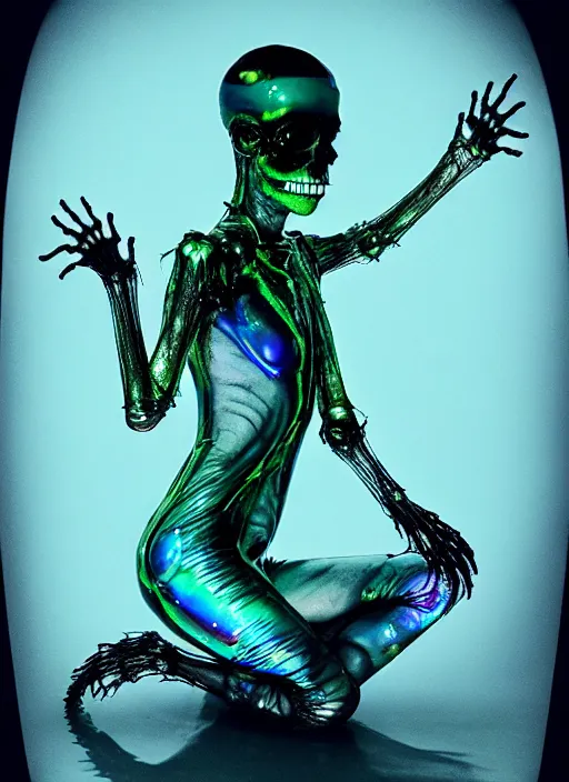 Prompt: darkly cinematic shot of a sci - fi sloppy saliva goo creature princess ungulate fairy ferret of slime crouched within a liquid fool, boney translucent x ray transparent skin shows skeletal, her iridescent membranes, flaring gills, shades of aerochrome gold, eerie, occult, gelatinous with a smile, dark bubbling ooze covered serious