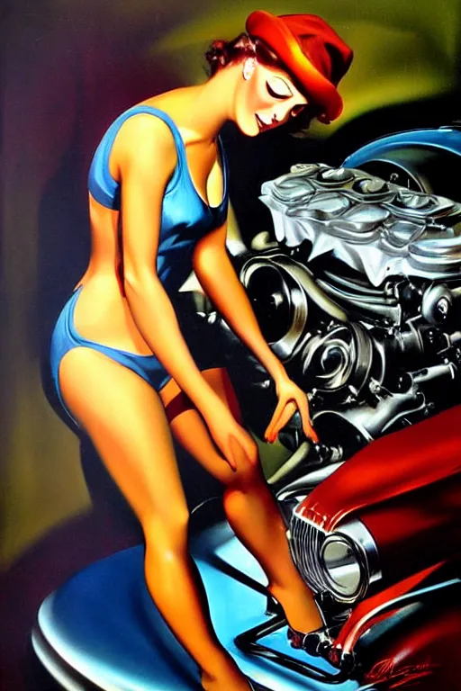 Image similar to muscular mechanic fixing a car engine painting by rolf armstrong, cool colors,